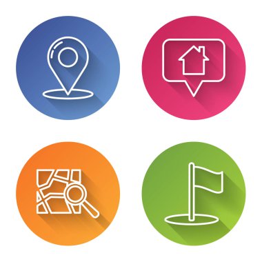 Satır Harita iğnesi, ev ile harita işaretleyicisi, konum işaretleyici ve bayrak ile katlanmış harita ayarla. Renkli daire düğmesi. Vektör