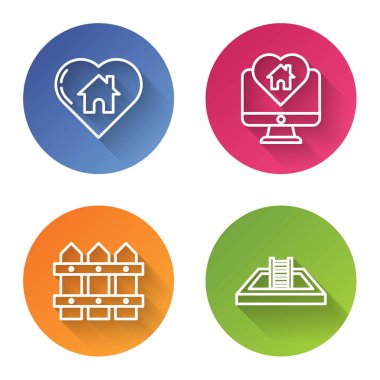 Hattı kalp şeklinde yapın, evi kalp şeklinde izleyin bahçe çitleri ahşap ve merdivenli yüzme havuzu yapın. Renkli daire düğmesi. Vektör