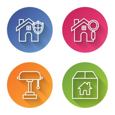 Evi kalkanla, arama eviyle, masa lambasıyla ve evle karton kutuyla donatın. Renkli daire düğmesi. Vektör