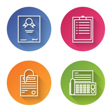 Satır Sertifika şablonu, Pano ve kontrol listesi, Dosya belgesi ve ataç ve faks makinesini ayarla. Renkli daire düğmesi. Vektör