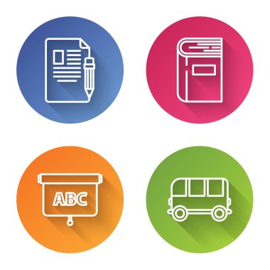 Sınav kağıdını ve kalemini silgi, kitap, tahta ve okul otobüsü ile ayarla. Renkli daire düğmesi. Vektör