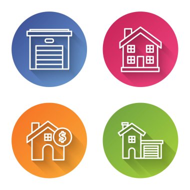 Sınır Garajı, ev sembolü dolar sembollü ev ve House. Renkli daire düğmesi. Vektör