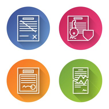 Dosya belgesini sil, kalkanlı anahtar, doldurulmuş form ve Yırtık sözleşmeli belgeyi ayarla. Renkli daire düğmesi. Vektör