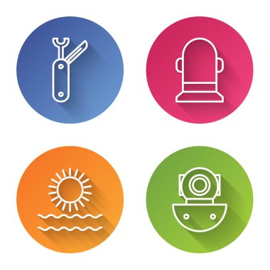 İsviçre çakısı, Şamandıra, Güneş, dalgalar ve Aqualung. Renkli daire düğmesi. Vektör