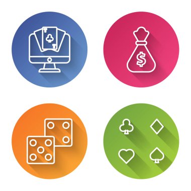 Online poker masası oyunu, para çantası, oyun zarları ve oyun kartları. Renkli daire düğmesi. Vektör