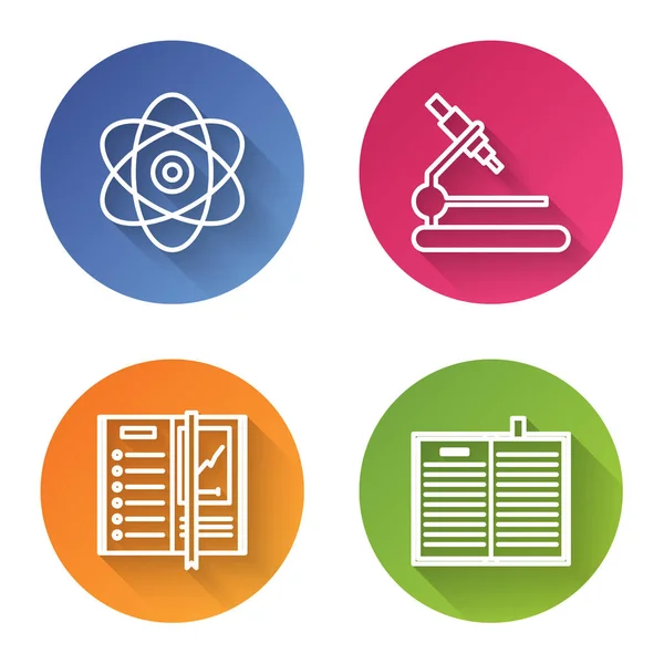 Set line Atom, Microscope, Notebook and Open science book. Color circle button. Vector — Stock Vector