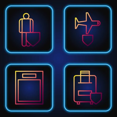 Hat çizgisi seyahat sigortası, boş form, kalkanlı hayat sigortası ve kalkanlı uçak. Renk simgeleri. Vektör