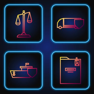 Kişisel klasörü, kalkanlı gemisi, adalet terazisi ve kalkanlı kargo kamyonu ayarlayın. Renk simgeleri. Vektör