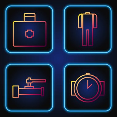 Dalış saatini, endüstriyel metalik boruları ve vanayı, ilk yardım çantasını ve dalgıç kıyafetini ayarla. Renk simgeleri. Vektör