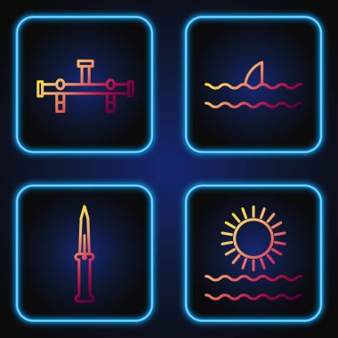 Güneş ve dalgalar, ordu bıçağı, Manifold ve köpekbalığı yüzgeci okyanus dalgasında. Renk simgeleri. Vektör