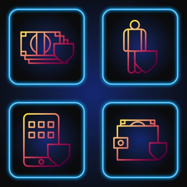 Cüzdanı ve parası kalkan, akıllı telefon sigortası, kalkanlı para ve kalkanlı hayat sigortası. Renk simgeleri. Vektör