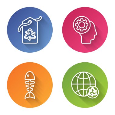 Etikette geri dönüşüm sembolü, insan kafasında teçhizat, balık iskeleti ve toprak gezegeni ve geri dönüşüm. Renkli daire düğmesi. Vektör