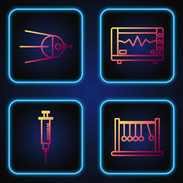 Stel lijn Pendulum, Spuit, Satelliet en Computer monitor met cardiogram in. Gradiënt kleurpictogrammen. Vector — Stockvector