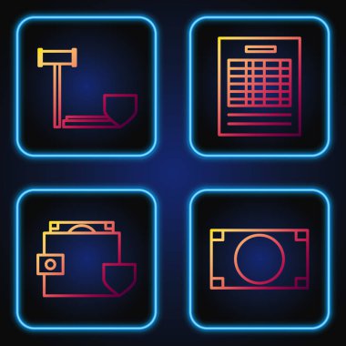 Stacks kağıt para, cüzdan ve rozetli para, Shield 'li yargıç tokmağı, Shield ve Report dosya dökümanı. Renk simgeleri. Vektör