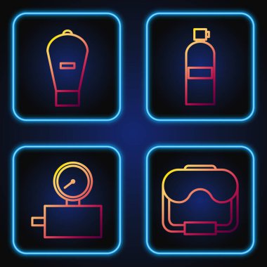 Dalış maskesi, gösterge ölçeği, kaldırma çantası ve Aqualung ayarlayın. Renk simgeleri. Vektör