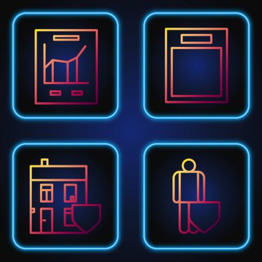 Hayat sigortasını kalkanla, evi kalkanla, dökümanı grafik çizelgesiyle ve boş formla ayarla. Renk simgeleri. Vektör