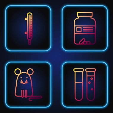 Sınav tüpü ve matara kimya laboratuvarı, sıçan, meteoroloji termometresi, ilaç şişesi ve hapları hazırlayın. Renk simgeleri. Vektör