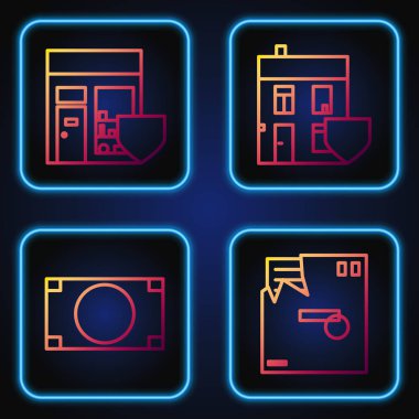 Sabit hat sipariş edilmiş zarf, kağıt para yığını, kalkanlı alışveriş binası ve kalkanlı ev. Renk simgeleri. Vektör