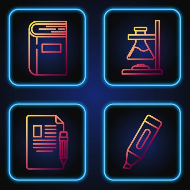 Çizgi İşaretleyici kalem, sınav kağıdı ve silgiyle kalem, Kitap ve Cam test tüpünü ateşe verin. Renk simgeleri. Vektör