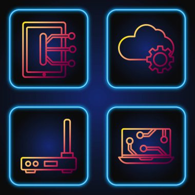 Dizüstü bilgisayar, Router ve kablosuz ağ sinyali, Tablet ve Bulut teknolojisi veri transferi ve depolamasını ayarla. Renk simgeleri. Vektör