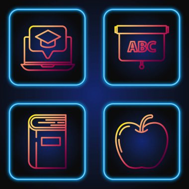 Apple, Book, Graduation şapkasını ekran laptopuna ve Chalkboard 'a ayarla. Renk simgeleri. Vektör