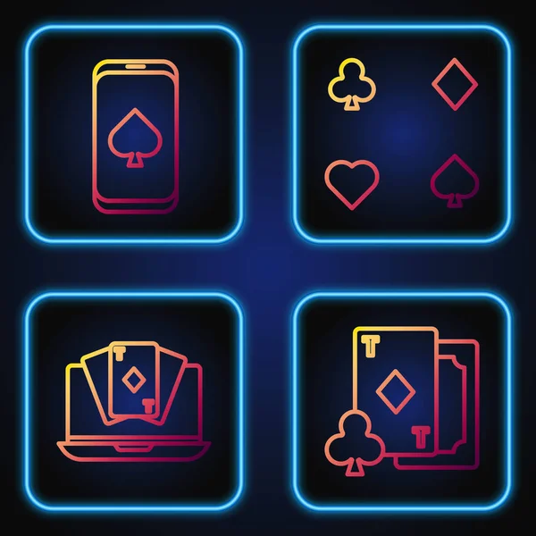 Establecer línea de juego de cartas con diamantes, Mesa de póquer en línea juego, Mesa de póquer en línea juego y naipes. Iconos de color degradado. Vector — Vector de stock