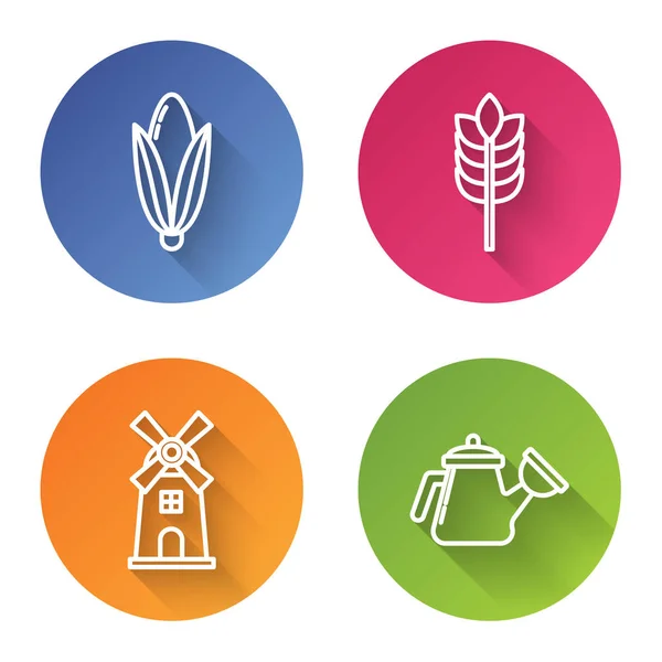 Set line Corn, Cereals with rice, wheat, corn, oats, rye, Windmill and Watering can. Color circle button. Vector — ストックベクタ