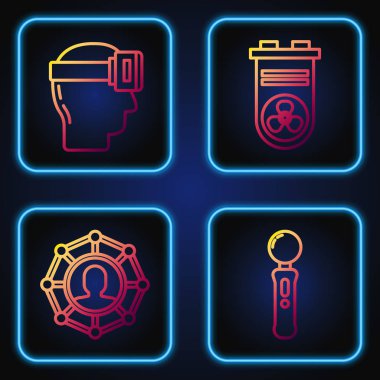 Set hattı Gamepad, Proje ekibi üssü, Sanal gerçeklik gözlükleri ve Video grafik kartı. Renk simgeleri. Vektör