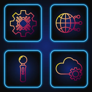 Hat Cloud teknoloji veri transferi ve depolama, Gamepad, işlemci ve Küresel teknoloji veya sosyal ağ ayarlayın. Renk simgeleri. Vektör