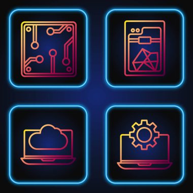Dizüstü bilgisayar ve teçhizat, bulut teknolojisi veri transferi ve depolama, işlemci ve 3D yazıcı ayarla. Renk simgeleri. Vektör