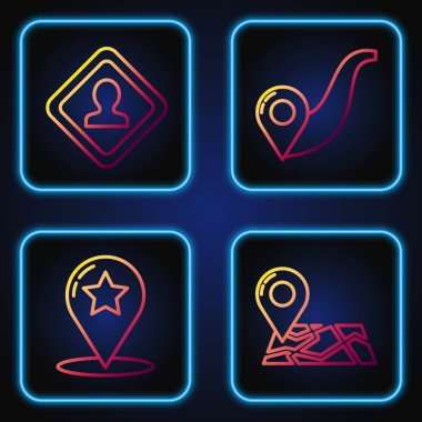 Çizgiyi konum işaretleyicisiyle, harita işaretçisini yıldızla, yol trafik işaretçisiyle ve rota konumu ile ayarla. Renk simgeleri. Vektör