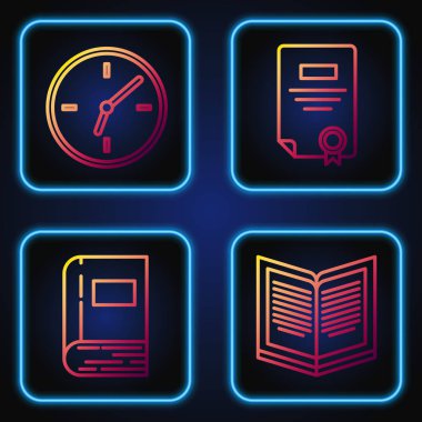 Satır Açık Kitap, Kitap, Saat ve Sertifika şablonunu ayarla. Renk simgeleri. Vektör