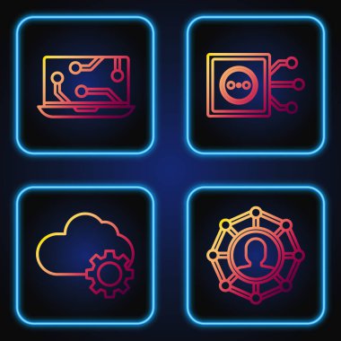 Hat Proje Ekibi Üssü, Bulut teknolojisi veri transferi ve depolama, Laptop ve Uzaktan Kumanda. Renk simgeleri. Vektör