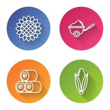 Ayçiçeği çizgisi, çamurlu el arabası, saman ve mısır rulosu. Renkli daire düğmesi. Vektör