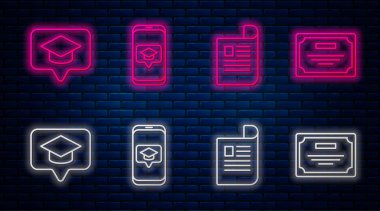 Ekran akıllı telefonu, belge, konuşma balonu ve sertifika şablonunda mezuniyet başlığını ayarla. Tuğla duvarda parlayan neon simgesi. Vektör
