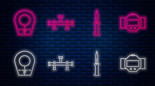 Set Line Verteiler, Taschenmesser, Tauchhaube und Taucheruhr. Leuchtende Neon-Ikone an der Ziegelwand. Vektor — Stockvektor