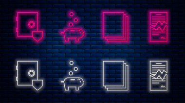 Piggy Bank 'ı parayla, temiz kağıtla, kalkanla ve Yırtık sözleşmeyle donatın. Tuğla duvarda parlayan neon simgesi. Vektör