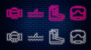 Okyanus dalgasında köpekbalığı yüzgeci, botlar, dalış saati ve dalış maskesi. Tuğla duvarda parlayan neon simgesi. Vektör