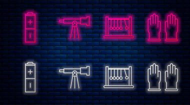 Teleskop, sarkacı, pili ve lastik eldivenleri ayarla. Tuğla duvarda parlayan neon simgesi. Vektör