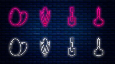Sıralı mısır, kürek, tavuk yumurtası ve soğan. Tuğla duvarda parlayan neon simgesi. Vektör