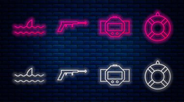 Balık avlama zıpkını, dalış saati, okyanus dalgasında köpekbalığı yüzgeci ve Lifebuoy. Tuğla duvarda parlayan neon simgesi. Vektör