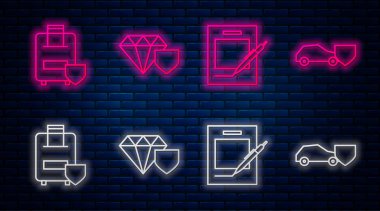 Diamond 'a kalkan, boş defter ve kalem, seyahat sigortası ve zırhlı araba ayarlayın. Tuğla duvarda parlayan neon simgesi. Vektör