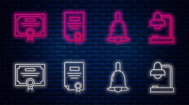 Sertifika şablonu, zil, sertifika şablonu ve masa lambasını ayarla. Tuğla duvarda parlayan neon simgesi. Vektör