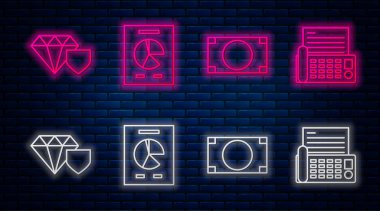 Grafik çizelgesi ile satır dökümanı, kağıt para yığını, kalkan ve faks makinesi ile elmas ayarlayın. Tuğla duvarda parlayan neon simgesi. Vektör