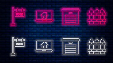 Dizüstü bilgisayar, akıllı ev, garaj satıldı ve bahçe çitleri ahşap yazısıyla asılma tabelası. Tuğla duvarda parlayan neon simgesi. Vektör