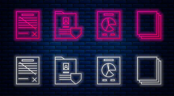 Set line Document with shield, Document with graph chart, Delete file document and Clean paper. Glowing neon icon on brick wall. Vector — 스톡 벡터