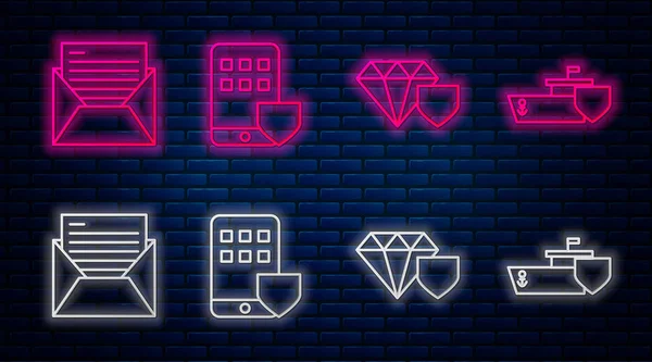 Beállítás vonal Okostelefon biztosítás, Diamond pajzs, Mail és e-mail és Ship pajzsos. Ragyogó neon ikon a téglafalon. Vektor — Stock Vector