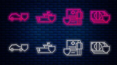 Gemiyi kalkanlı, tıbbi sicilli tıbbi panoya kalkan ve kalkan paralı arabaya ayarla. Tuğla duvarda parlayan neon simgesi. Vektör