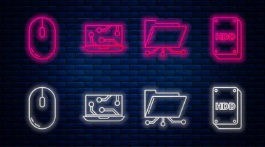Satır dizüstünü, dizini ve kilidi ayarla, Bilgisayar faresi ve sabit disk sürücüsü Hdd. Tuğla duvarda parlayan neon simgesi. Vektör