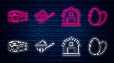 Çamurlu El Arabası, Çiftlik Evi konsepti, Peynir ve Tavuk yumurtası. Tuğla duvarda parlayan neon simgesi. Vektör